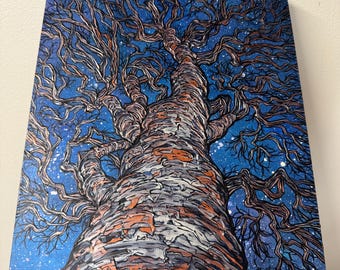 Looking Up the Beech Tree Night Sky Painting by Tracy Levesque (11x14”)