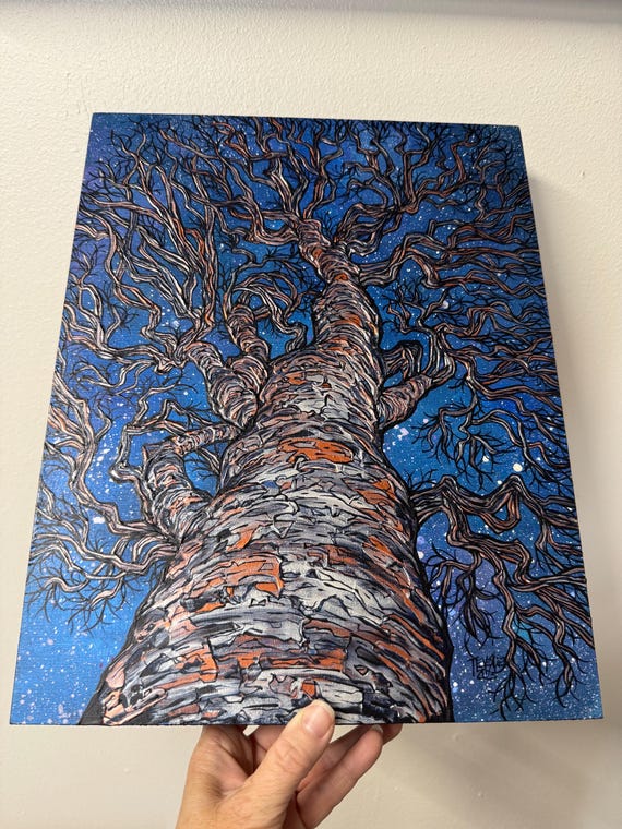 Looking Up the Beech Tree Night Sky Painting by Tracy Levesque (11x14”)