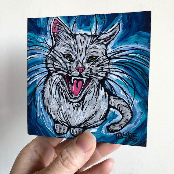 4x4” Feed Me White Cat original acrylic painting by Tracy Levesque