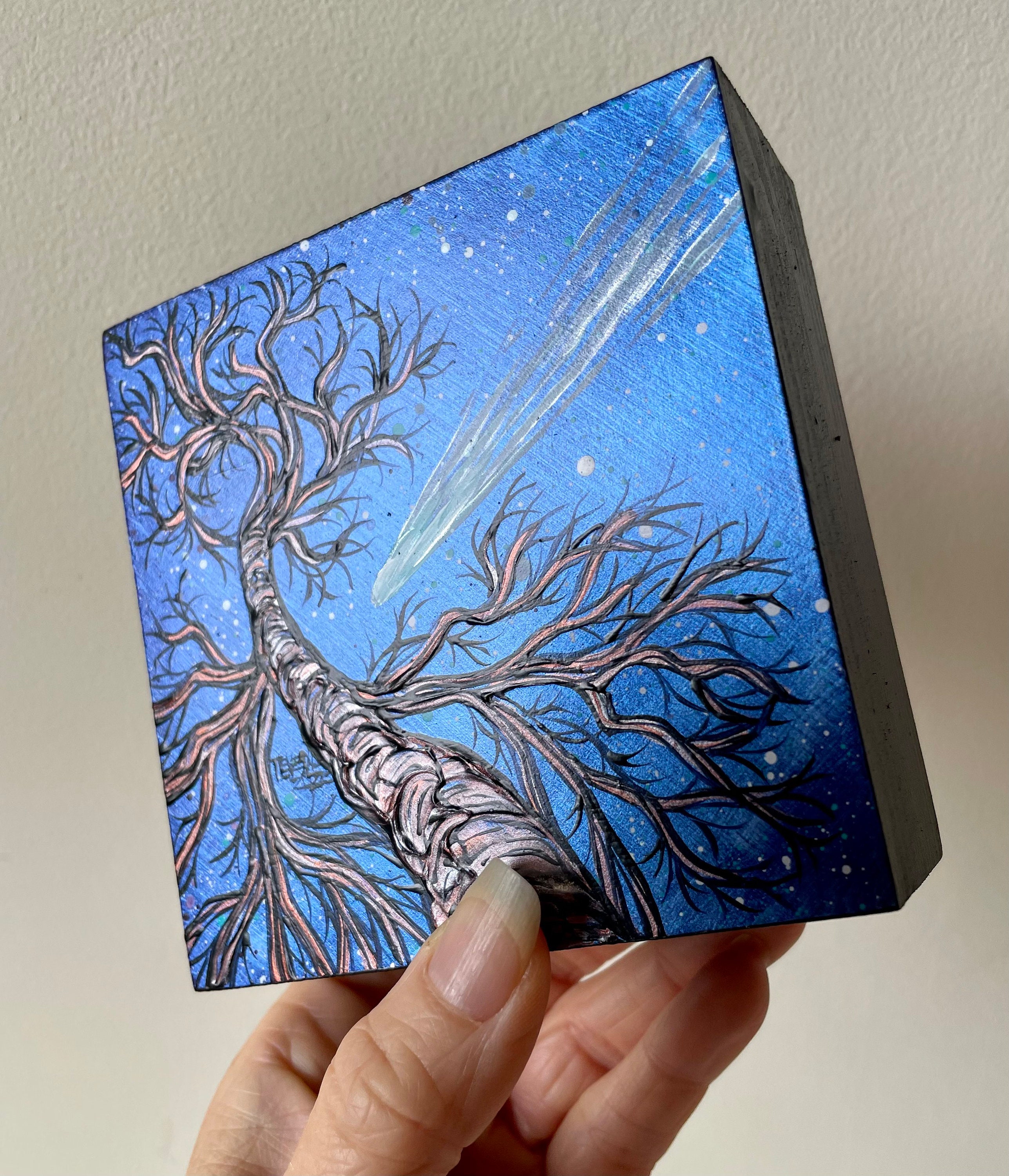4x4” Shooting Star Metallic Tree painting by Tracy Levesque