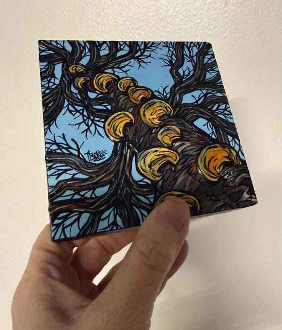 4x4" Winter Fungi Tree Looking Up a Tree acrylic mini painting by Tracy Levesque