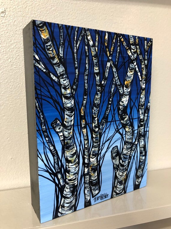 Blue Winter Birches 6x8" original acrylic painting by Tracy Levesque