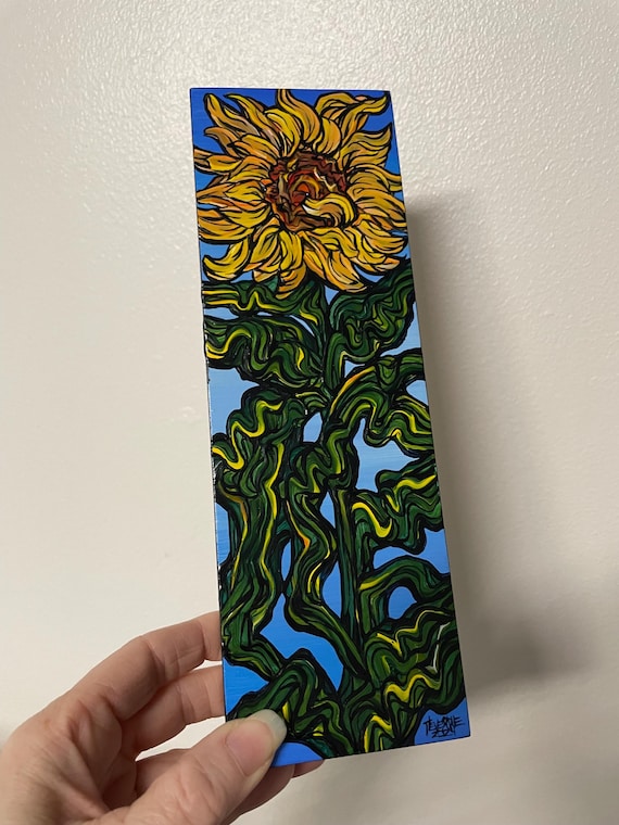 3x9" Beautiful Happy Sunflower Painting by Tracy Levesque
