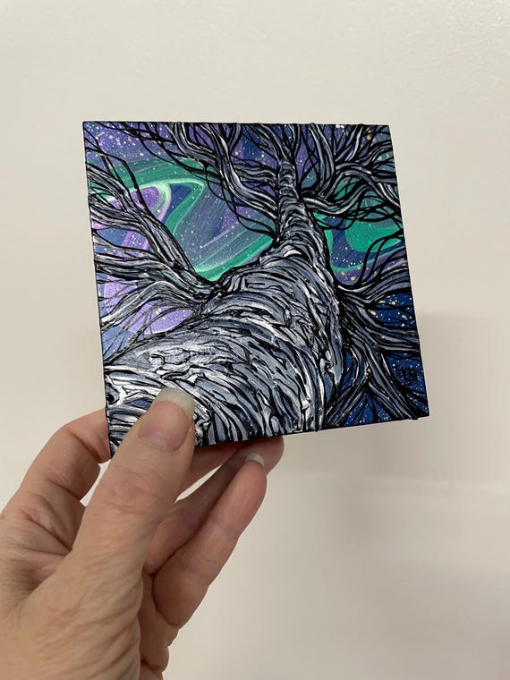 4x4" Northern Lights Looking up the Tree View Neon Night Tree Iridescent Night Sky acrylic mini painting by Tracy Levesque