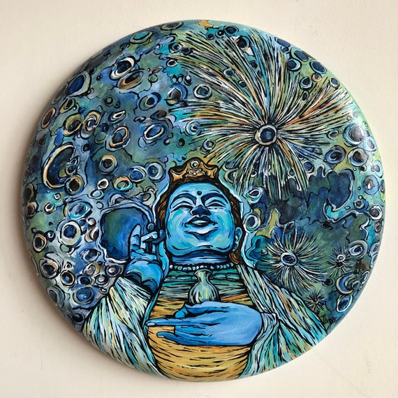 Compassionate Moon Kuan Yin 16" Round Original Acrylic Painting by Tracy Lévesque