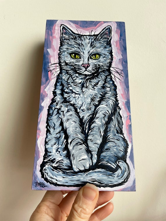 4x8” Gray and White Cat Painting by Tracy Levesque