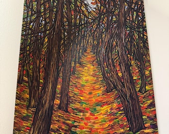 Gallivanting Through Middle Earth, Acrylic Painting: Autumn Tree Path (18x24”)