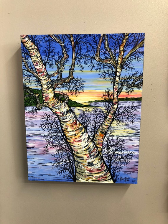 14x18” Birch Sunrise Birch Tree Painting Winter Sunrise Original Acrylic Painting by Tracy Levesque