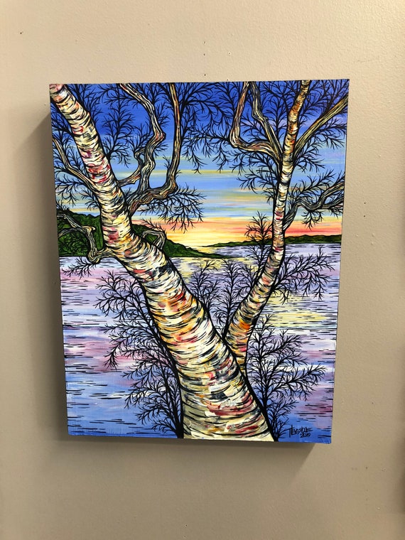 Split Birch Sunrise, 14x18" Original Acrylic Painting by Tracy Levesque