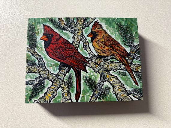 6x8” Northern Cardinals Sharing a Branch Cardinal Painting Bird Painting Original Art by Tracy Levesque