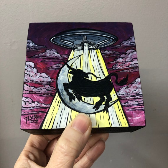 4x4” How the cow jumped over the moon whimsical UFO original painting by Tracy Levesque