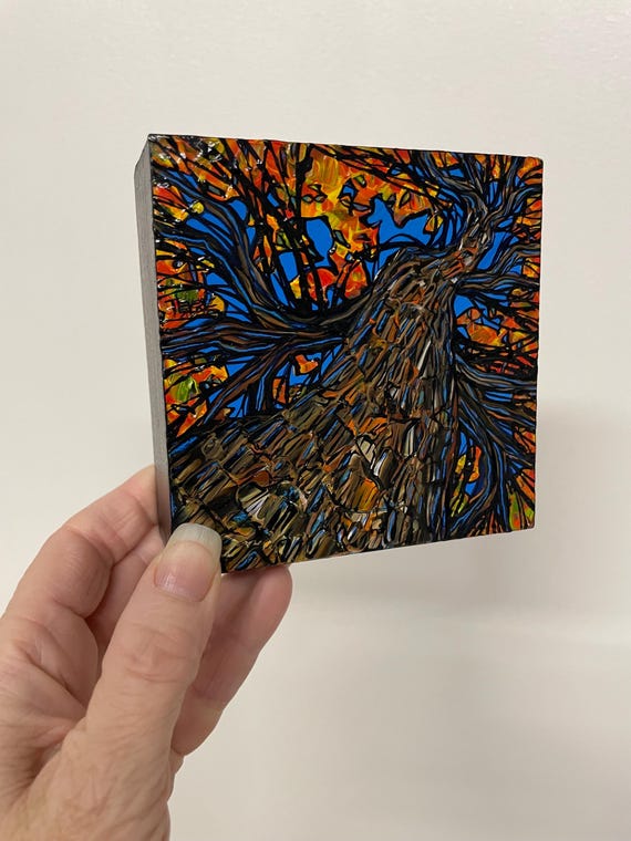 4x4" Autumn Fall Tree Looking Up NB40 acrylic mini painting by Tracy Levesque