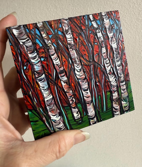 Autumn Birch Tree painting by Tracy Levesque: 4x4” Red Red Birch landscape art