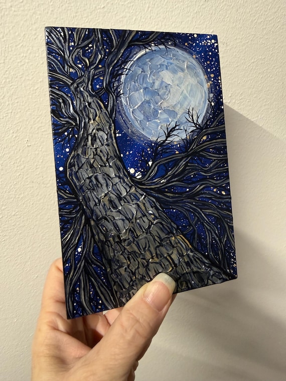 4x6” Blue Winter Moon Tree Iridescent Painting by Tracy Levesque