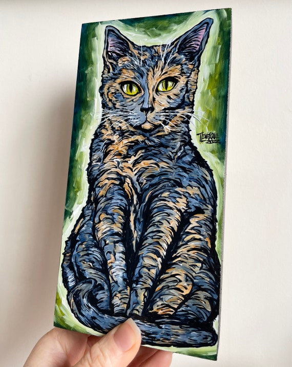 4x8” Dilute Tortie Kitty Cat Painting by Tracy Levesque
