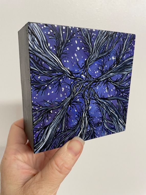4x4” Up in the Branches Stargazing Looking Up the Winter Trees Night Sky original painting by Tracy Levesque