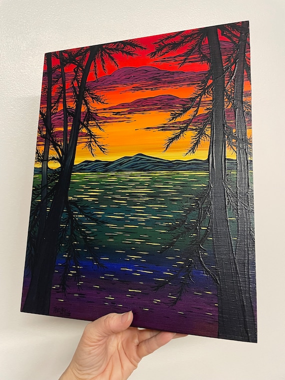 11x14” Full Spectrum Gorgeous Lake View Looking Out onto the Water through the Trees Sunrise Sunset lake painting by Tracy Levesque
