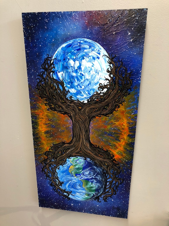 The Cosmic Tree of Life 15x30” original acrylic painting on wood by Tracy Levesque