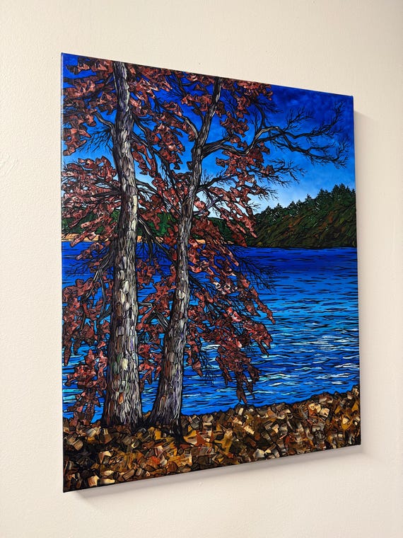 30x24” Perseverance Walden Pond Henry David Thoreau Fall Tree original acrylic painting by Tracy Levesque