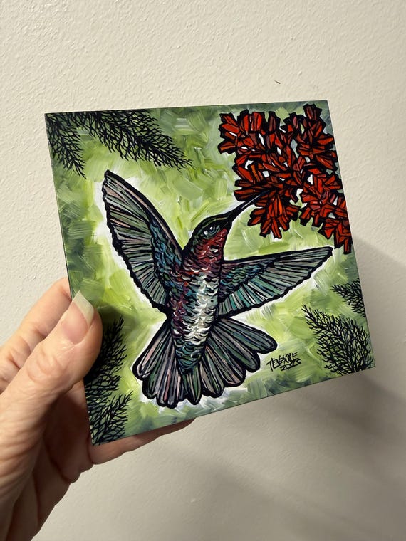 5x5” Hummingbird and Flowers acrylic painting by Tracy Levesque