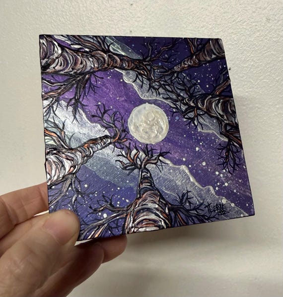 Looking Up the Night Trees at Moon Acrylic Painting: Iridescent Night Sky Art (4x4)
