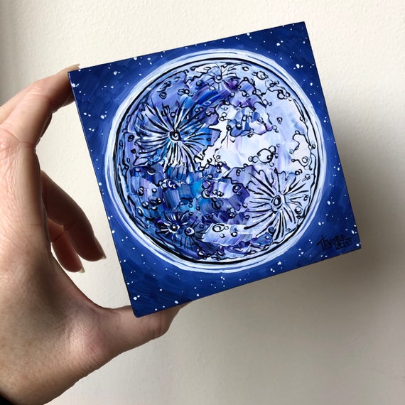 4x4” Blue Moon Topographical Realistic Sci-fi Moon mini painting by Tracy Levesque