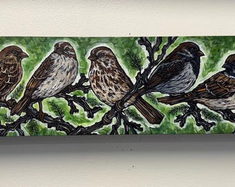 A Society of Sparrows Bird Painting by Tracy Levesque (6x24”)