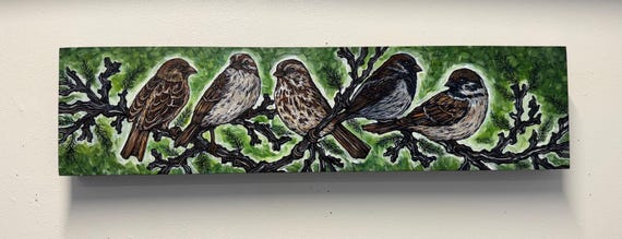 A Society of Sparrows Bird Painting by Tracy Levesque (6x24”)