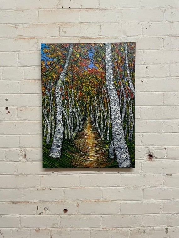 18x24” Show Me the Way, Forest Path Fall Foliage Painting by Tracy Levesque