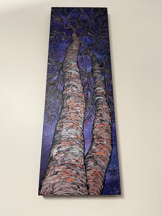 12x36” Night Sky Tree Painting Starry Night Perspective Looking Up the Birch Trees Acrylic Painting by Tracy Levesque