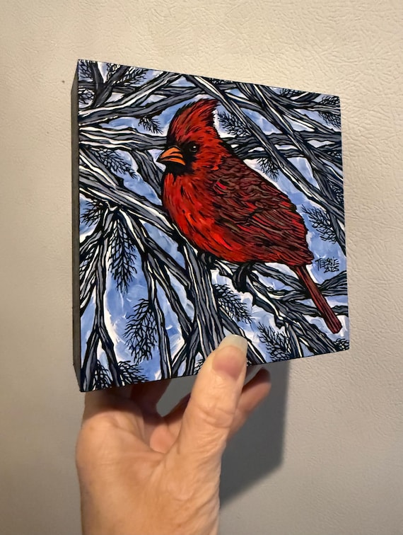 Cardinal Painting: Original Acrylic Bird Art on Wood Panel, 5x5"