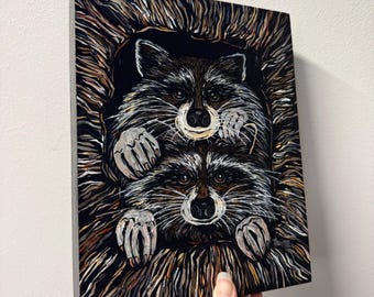 Two Raccoons in a Tree Painting by Tracy Levesque (8x10”)