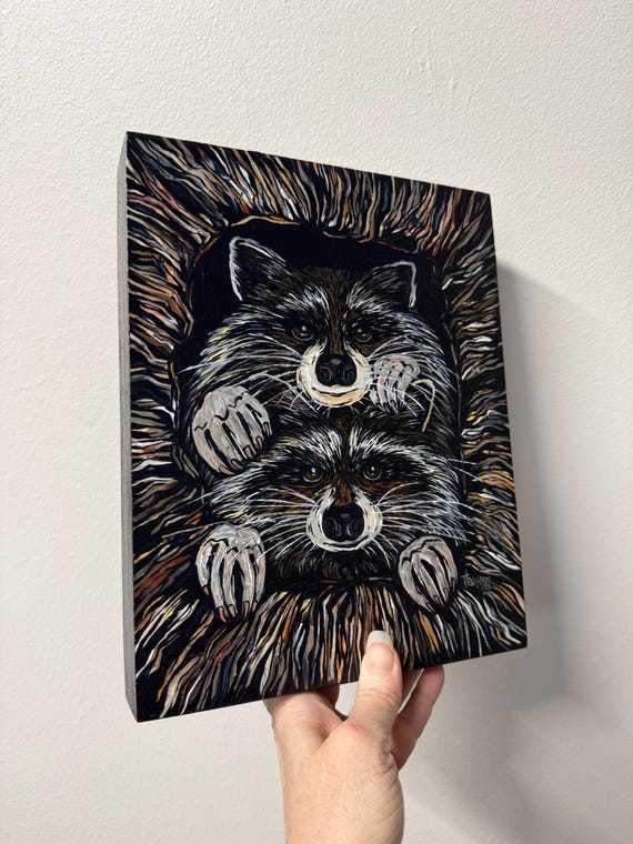 Two Raccoons in a Tree Painting by Tracy Levesque (8x10”)