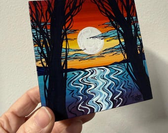 Colorful Rainbow Sunset Tree Cove Painting by Tracy Levesque (4x4”)