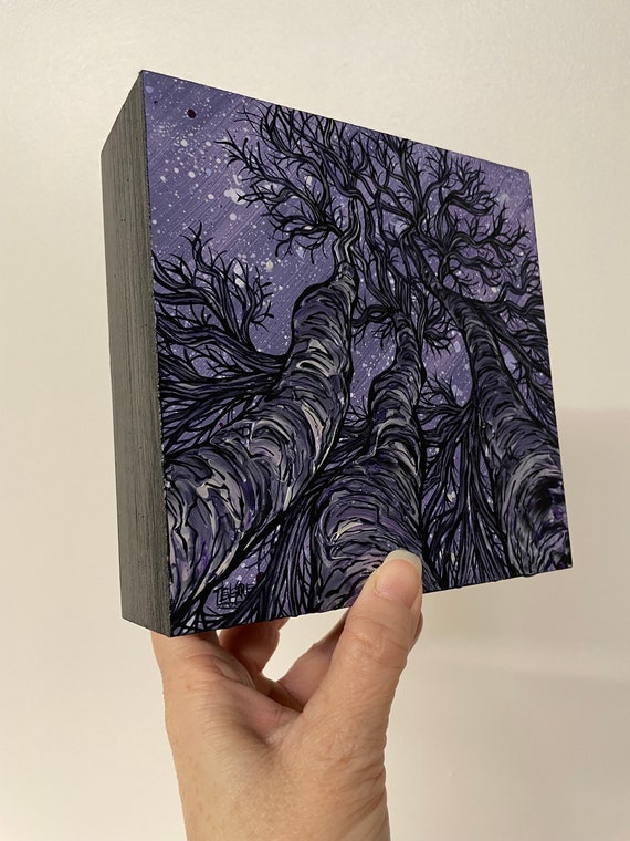 6x6" Purple Night Sky Iridescent Looking Up the Trees Stargazing Trio original acrylic painting on wood by Tracy Levesque