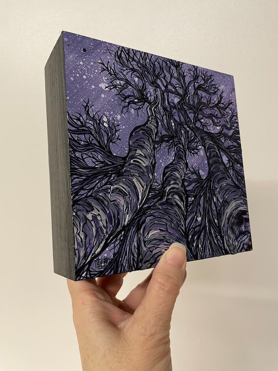 6x6" Purple Night Sky Iridescent Looking Up the Trees Stargazing Trio original acrylic painting on wood by Tracy Levesque