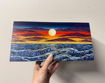 Rainbow Seascape Acrylic Painting: Vibrant Ocean Sunset, 6x12" Canvas