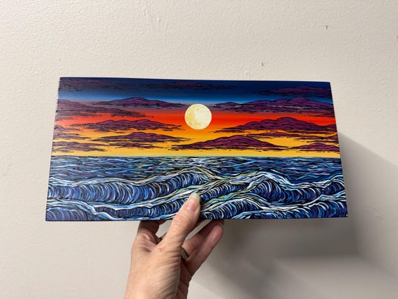 Rainbow Seascape Acrylic Painting: Vibrant Ocean Sunset, 6x12" Canvas