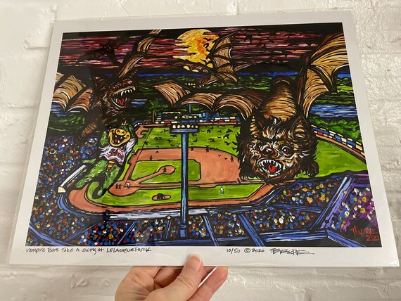 11x14” Lowell Monsters Print Vampire Bats Take A Swing at LeLacheur Park Lowell Spinners Baseball Monster Print by Tracy Levesque
