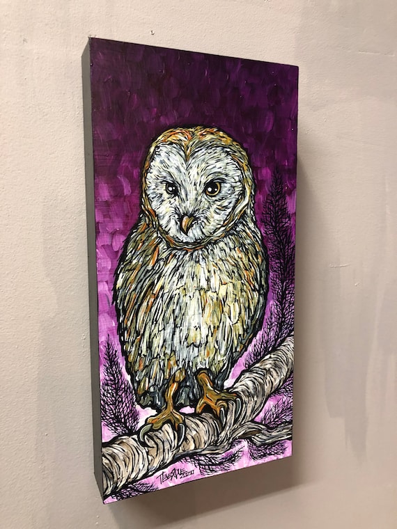 Barn Owl on Purple 6x12” original acrylic painting by Tracy Levesque