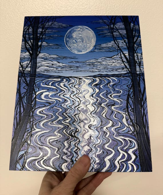 8x10" Full Moon Over the Ocean Acrylic Painting: Iridescent Ocean View and Moon Art