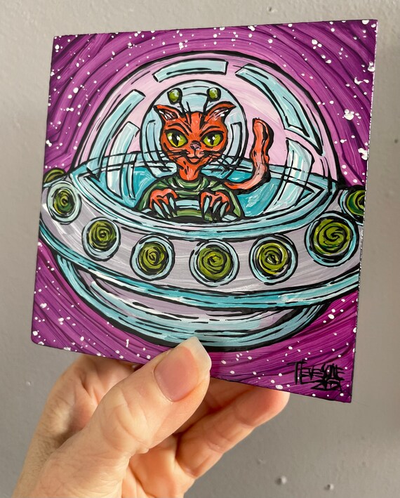 4x4” Cosmic Space Kitty Flying Saucer UFO Whimsical Cat painting by Tracy Levesque