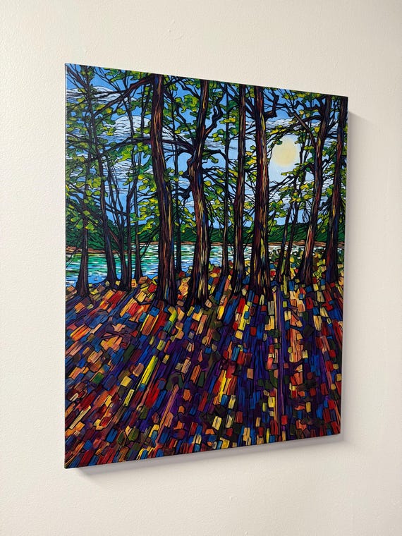 28x22” Dappled Afternoon Light Dynamic Tree Shadows New England Walden Pond Painting Light Through the Trees Painting by Tracy Levesque