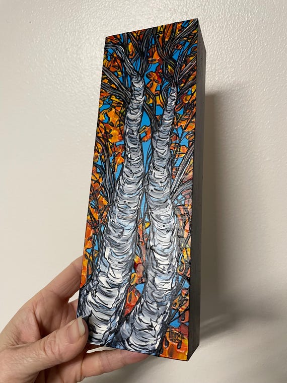 3x9" New England Fall Foliage Twin Birch Tree Painting by Tracy Levesque