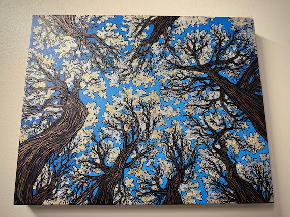 Crown Shyness Looking Up the Golden Trees Iridescent Painting: Beautiful Tree Painting, 16x20" Original Acrylic
