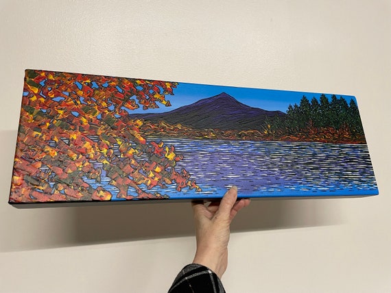 8x24” Fall Changes at Chocorua White Mountains New Hampshire Autumn Lake Chocorua original acrylic painting by Tracy Levesque