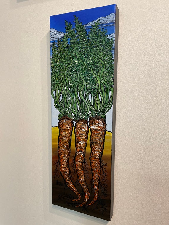 8x24” Carrots Roots and Greens Above and Below Ground Garden painting by Tracy Levesque