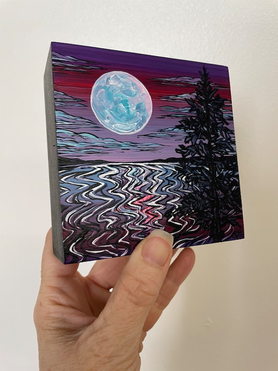 4x4" Purple Lake Full Moon Night Sky painting by Tracy Levesque