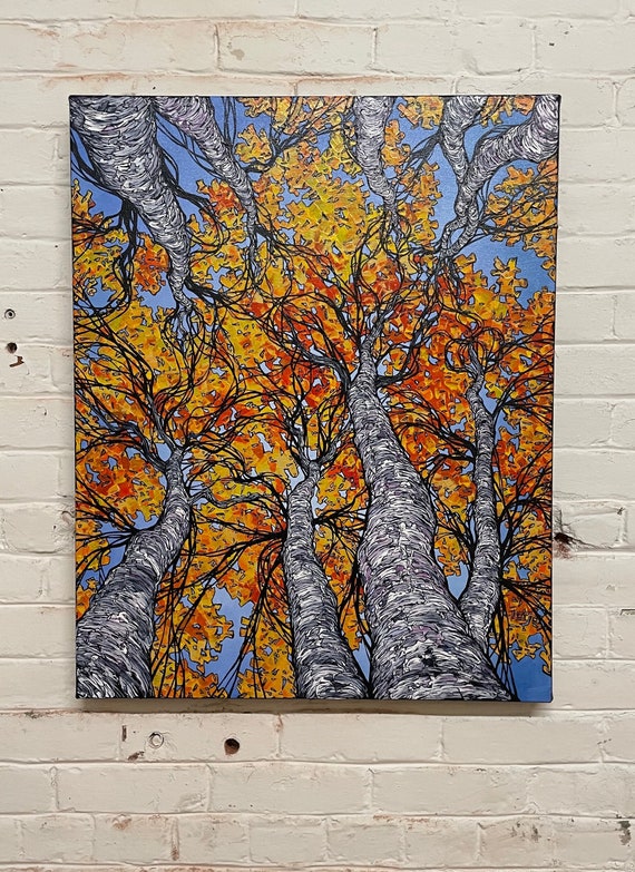 30x24” Dynamic Fall Foliage Looking Up the Birch Trees New England Fall Autumn Trees original acrylic painting by Tracy Levesque