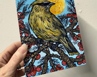 Cedar Waxwing Bird Painting, Original Acrylic Art (5x7")